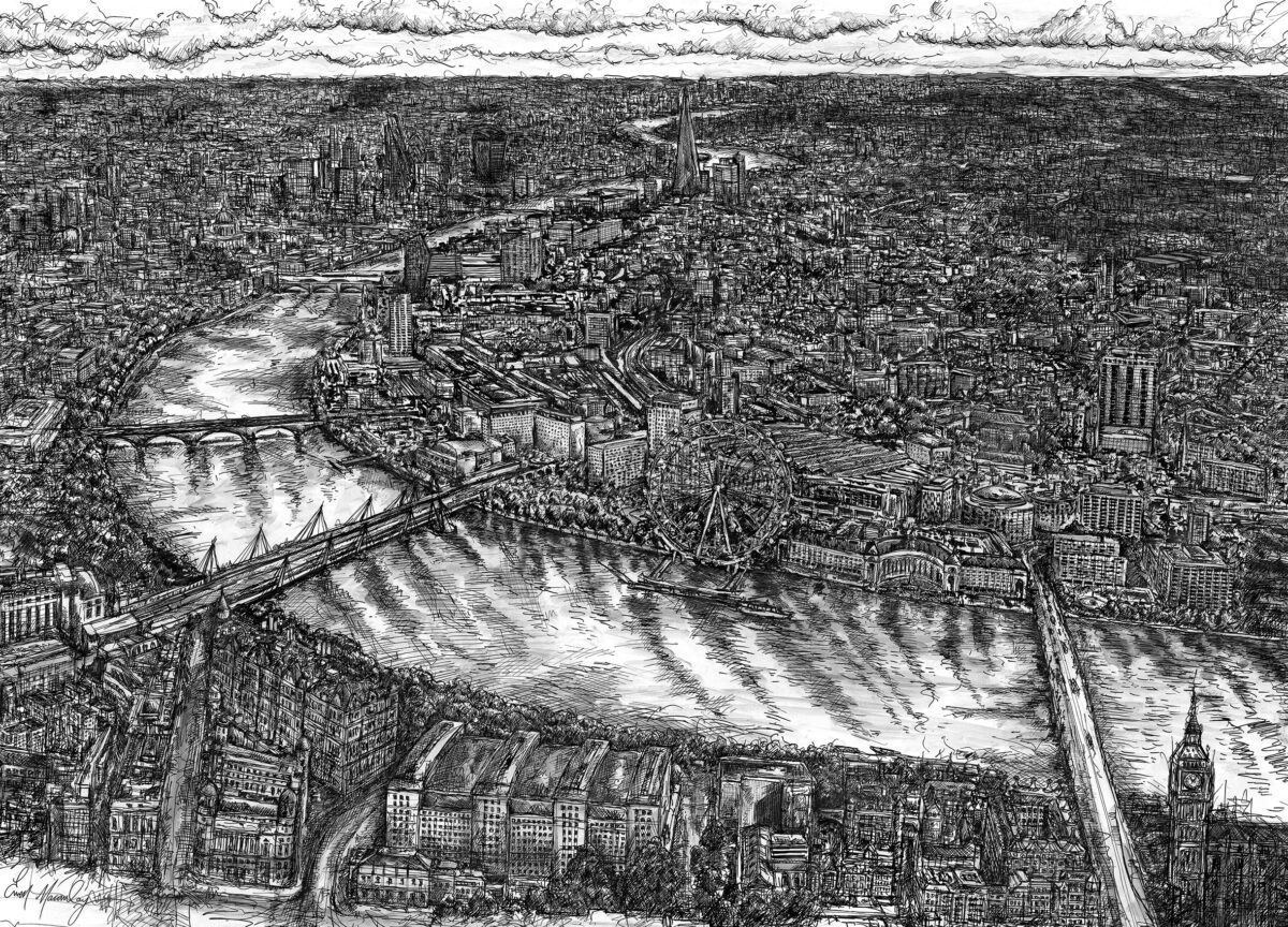 London panoramic pen & ink drawing